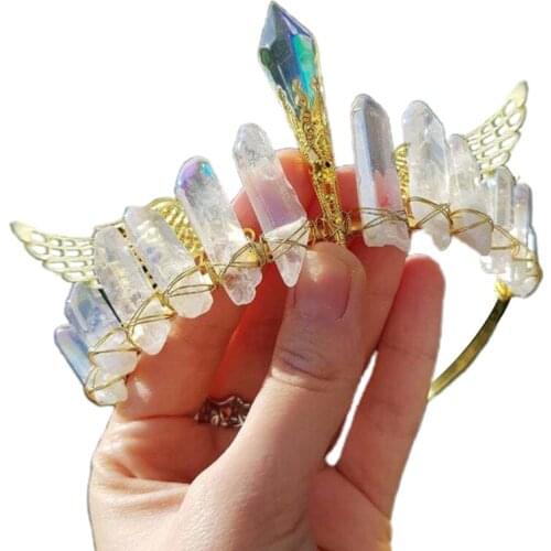 Handmade Colorful Raw Crystal Quartz Crown Headband Retro Angel Wing Tiara Halo Hairband Antique Wedding Headdress