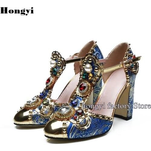 Luxury Jewel Vintage Design Crystal Block Heeled Ankle Wrap T Straps Women Sandals With Rivet