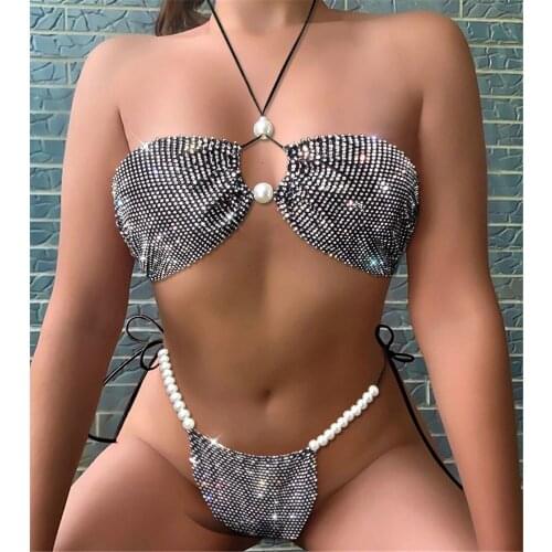 Sexy Women Biniki Set Crystals Rhinestones Beach Swimwear Pearl Shear Bikini Cover Swimsuit Suimsuit Woman Beach Wear 2021