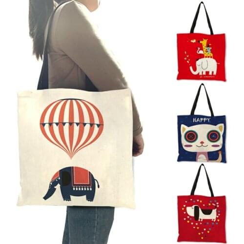 Romantic Pretty Cartoon Design Tote Bag for Girl Ladies Elephant Unicorn Dog Lion Cat Deer Print Handbag Washable Eco Linen Sack