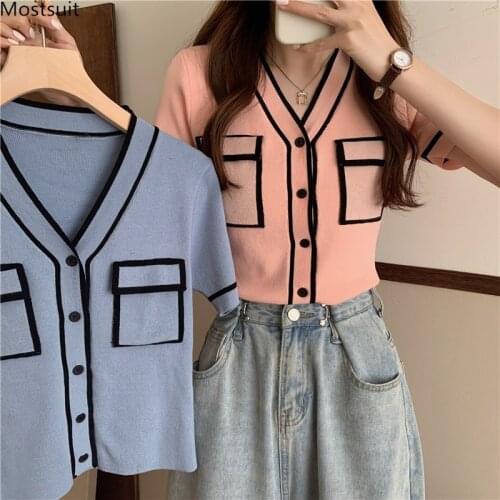 Summer Vintage Kintted Cardigan Womens Sweater V-neck Single Breasted Pockets Tops Korean Style Elegant Female Clothing