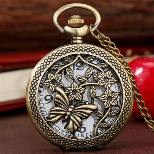 Vintage Bronze Butterfly Flower Hollow Cover Quartz Pocket Watch Arabic Numerals Display Necklace Watch Antique Clock
