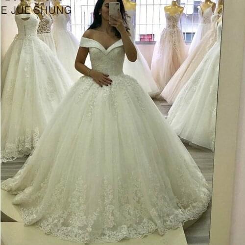 E JUE SHUNG Vintage Lace Beaded Luxury Wedding Dresses Off the Shoulder Ball Gown Wedding Gowns Bridal Dress robe de soiree