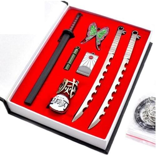 Japanese anime Demon Slayer Blade Ni bean mask Kumamon Tanjiro with sheath weapon model metal key chain necklace set for gifts