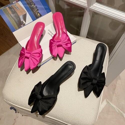 Spring 2021 New Bow Pointy Heel Slippers Baotou Half Drag High Heel Womens Sandals