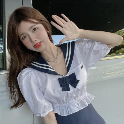 Preppy Style Women Tops Bow Shirts Sailor Collar Sweet Fashion Women Blouses 2021 Summer Puff Sleeve Korean Female Clothes