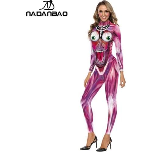 NADANBAO Gothic Women Costumes Cosplay Bodysuits Long Sleeves Slim Jumpsuit For Halloween Unisex Big Eyed Skull Catsuit