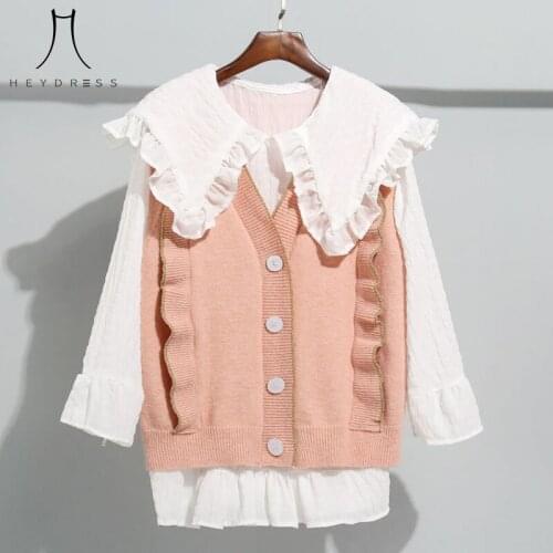 Heydress 2021 Autumn Women Solid Sweater+blouse Suits Female Knitted Ruffle Sweater Vest Lady Long Sleeve White Shirts Sets