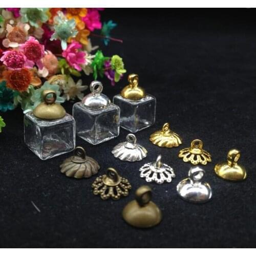 100pieces/lot 10*10mm transparent square ICE glass globe vial handmade necklace jewelry accessories with metal cap diy pendants