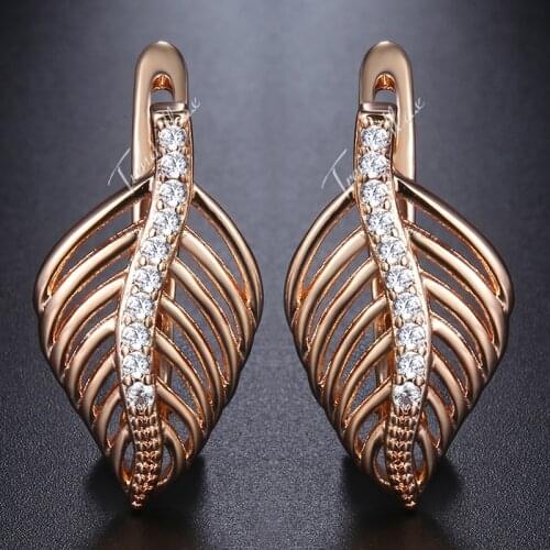 585 Rose Gold Filled Womens Earrings Clear CZ Stone Leaf Shaped Stud Earring Fashion Jewelry GE166