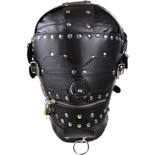 BDSM Bondage PU Leather Mask Full Head Harness Restraints Fetish With Blindfold Zipper Locking Slave Head Hood Sex Toys