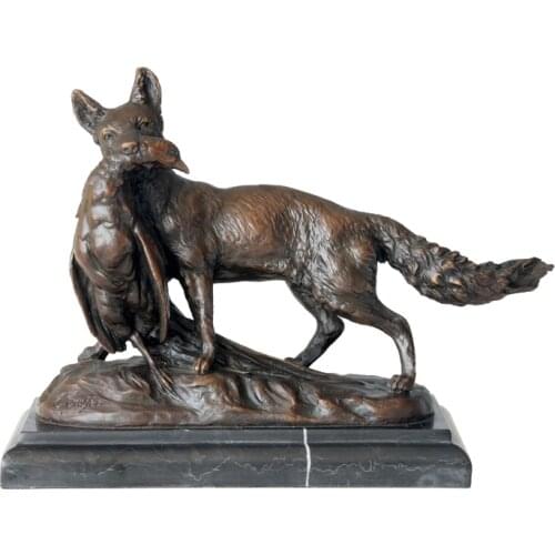 Bronze Fox Hunting Chicken Statue Sculpture Wildlife Animal Art Marble Base for Home Living Room Decor