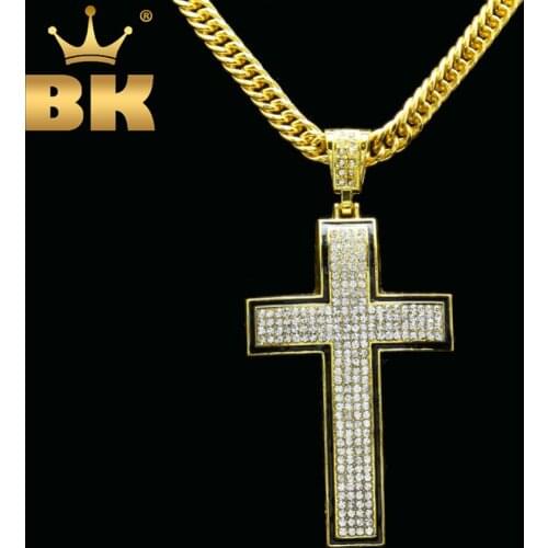 THE BLING KING Hiphop Cross Pendant Gold Silver Color Full Iced Out Rhinestones Necklace Long Chain Fashion Jewelry For Men