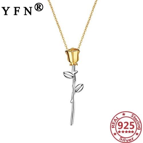YFN 925 Sterling Silver Gold Color Rose Pendant Necklace 925 Silver Chain Valentines Day Gift Mothers Day Gift Graduation Gift