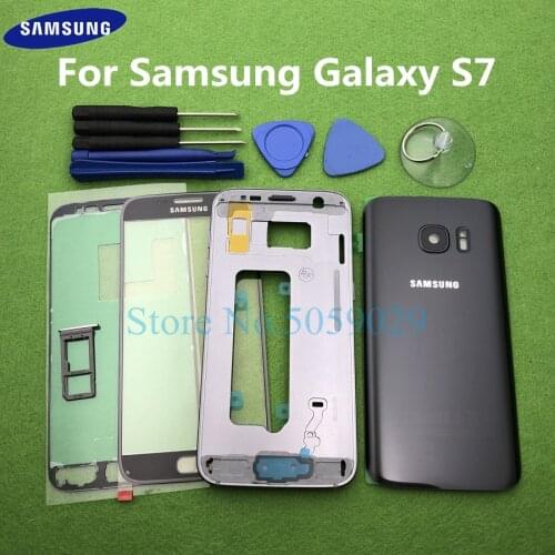 For Samsung Galaxy S7 G930 G930F SM-G930F Full Housing Case Bezel Middle Frame Back Cover + Front Glass Lens Tools Sticker