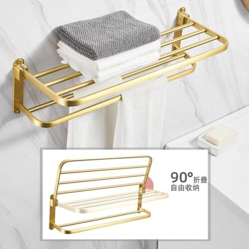 Toothbrush Holder Metal Folding Towel Rack Space Sluminum Shower Caddy Shelf Punch Free Bathroom Brushed Gold Accessories Set