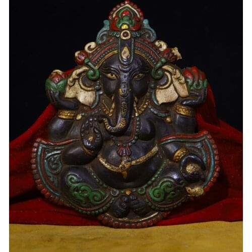 Home Decor 8" Tibet Buddhism Temple Old Bronze Tracing Elephant Trunk God of Wealth statue Ganesha Pendant Amulet