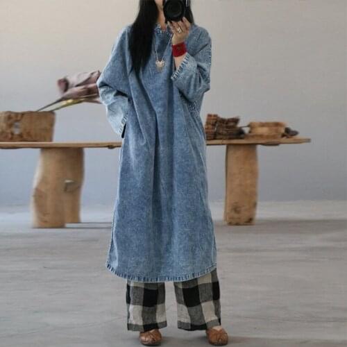 Johnature 2021 Autumn Denim Pockets Loose Dress Long Sleeve New Casual Vintage Solid Color O-neck Button Women Dresses