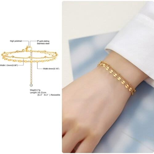 Tiny Coin Circle Disc Bracelet for Women Double Chain Link Bracelets Boho Jewelry Layering Stacked Stainless Steel Jewelry