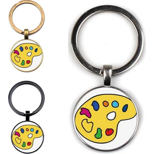 Cartoon Palette Photo Keychain Handmade Drawing Board Cabochon Glass Pendant Charm Bag Jewelry Gift for Men Women Ornament