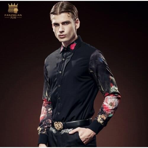 Free Shipping New fashion personality male mens long sleeved slim thickened embroidery printing FanZhuan velvet shirt 51203301