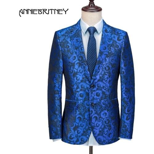 2018 New Brand Blue Pattern Men Suit Slim Fit Floral Satge Performance Style Blazer Formal Show Prom Jacket+Pant 2 Piece Terno 1