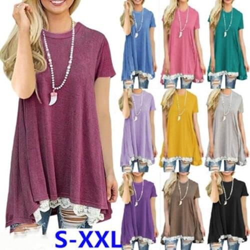 New Women Short Sleeve O Neck Lace Hem T-Shirt Summer Casual Loose Basic Slim Shirts Fashion Plain Street Tops Multi-Color