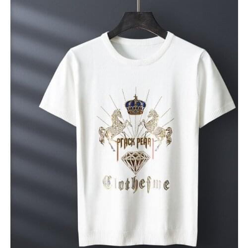 New Arrival Fashion Short Sleeve Printing Proofing Hot Drilling Thread Print O-neck Casual Knitted Tshirt Men Plus Size M-4XL5XL