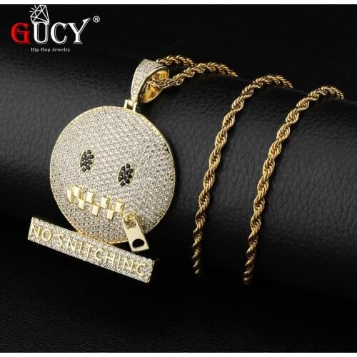 GUCY Round Face Character Zipper Mouth Iced Out Cubic Zircon Pendant & Necklace Gold Silver Color Hip Hop Jewelry For Men