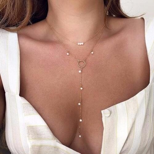 Retro Pearl Collarbone Chain Necklace Pendant Women Fashion Personality Asymmetric Tassel Long Clavicle Necklaces Jewelry
