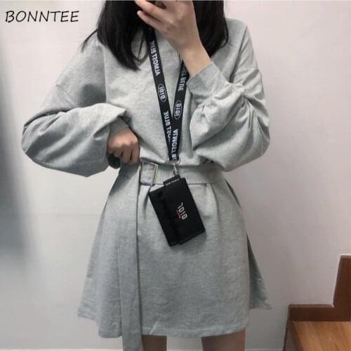 Dress Women Plus Size 4XL Simple Black Chic Korean Harajuku Solid Ladies Long Sleeve Dresses Classic Retro Vintage Mini Sundress