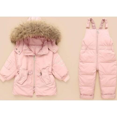 Real Fur Down Coat with Hood Jacket + jumpsuit Kids Baby Toddler Girls Boys Children Clothes Coat Parkas 2pcs Winter Outfit Suit