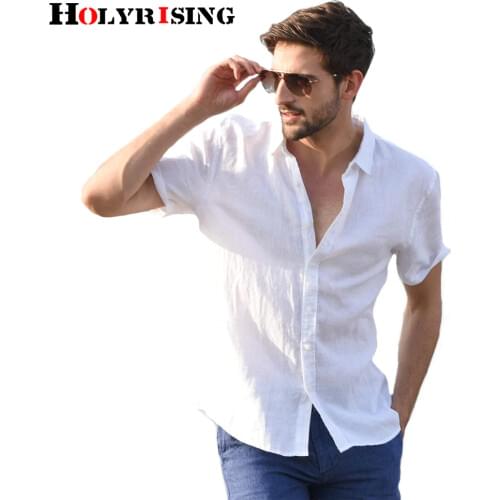 Holyrising Camisa Social Masculina Mens Shirts 100% Linen Shirt Thin Casual Dress Square Collar Shirts Comfortable Top 18346-5