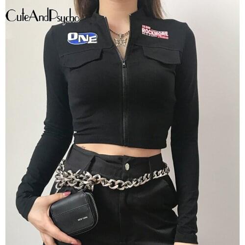 Letter Printed Zipper T-shirts Women Long Sleeve Black Tshirt Casual Skinny Cropped Tops Basic Tees Shirts Fashion Cuteandpsycho