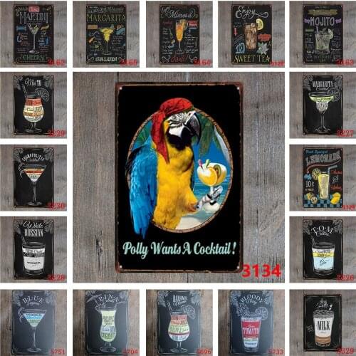 Vintage Metal Tin Sign for Bar Decoration Polly Wants A Cocktail ! Pina Colada Iced Sweet Tea Lemonade Mimosa White Russian