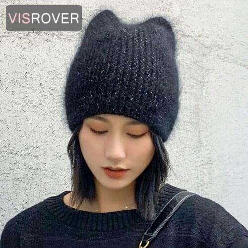VISROVER 6 Colorway Unisex Solid Cute Cat Rabbit Fur Woman Winter Hat Lurex Bright Autumn Bonnet Rabbit Fur Warm Skullies Gift