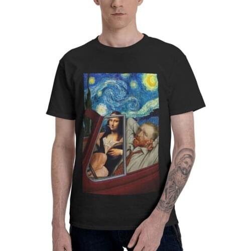 Funny Mona Lisa Starry Night T-shirt Men Graphic T Shirt Short Sleeve Tshirts 100% Cotton Tee Top Clothes