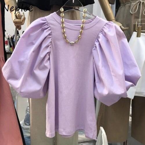 Neploe Korean Simple Work Style Ol Blouse Women O Neck Puff Short Sleeve Solid Blusas Summer 2021 New Shirt Feminino All Match