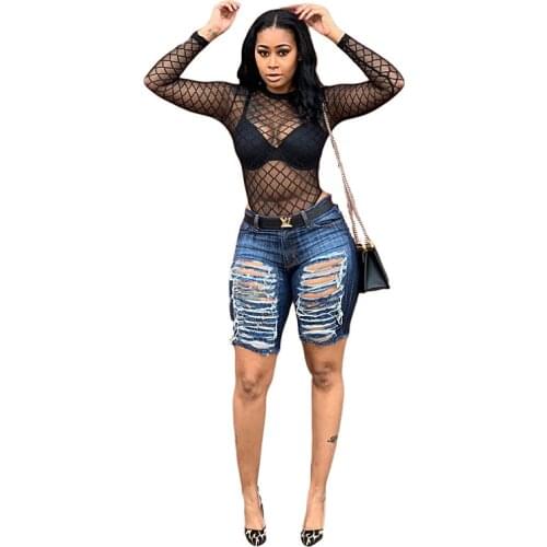 European and American Womens Clothing Explosive Style Ripped Fringed Denim Midpants