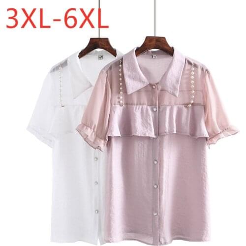 New 2021 Ladies Summer Plus Size Tops For Women Blouse Large Short Sleeve Loose Ruffle Pink White Chiffon Shirt 3XL 4XL 5XL 6XL