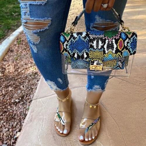 New Serpentine Printing Handbag Set Womens Shoulder Messenger Bag Ladies Fashion Rivet Slippers Summer Casual Slides Flat Shoes