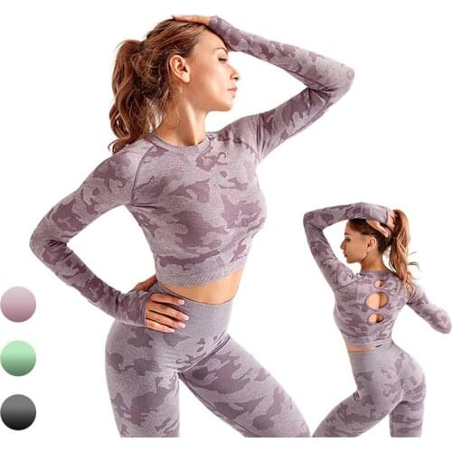 2PCS Seamless Women Yoga Set Workout Sportswear Gym Clothing Fitness Long Sleeve Crop Top High Waist Leggings Sports Suits