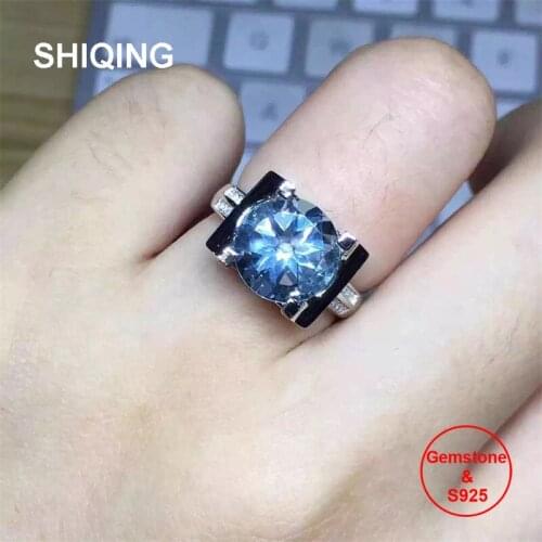 SHIQING Big round nature blue topaz stone rings , December birthstone 925 sterling silver square solitaire ring for women