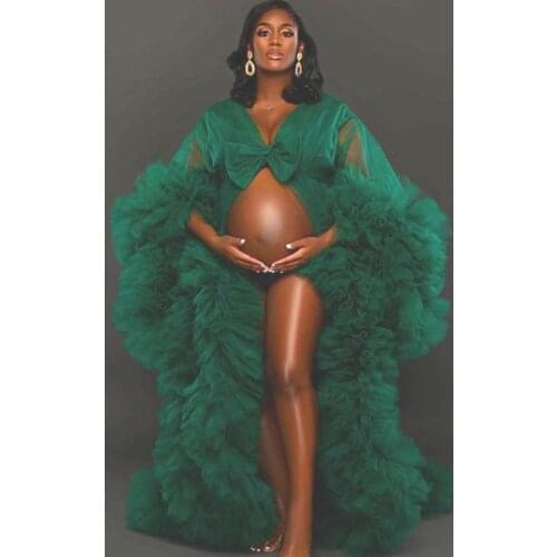 Luxury Green Star Dresses Tulle Robes Custom Made Long Sheer Women Maternity Gowns Dresses Ruffled Special Occasion Dress