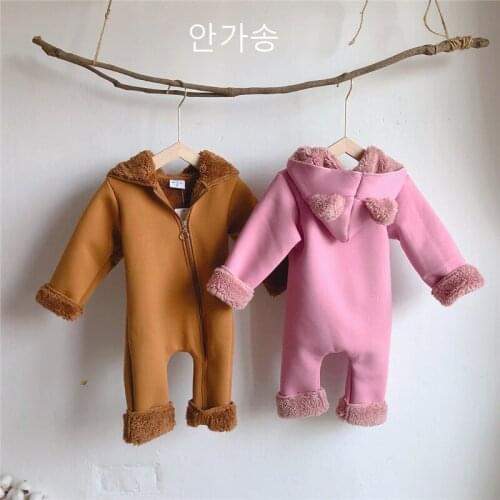 Unisex Baby Winter Clothes New Born Boys Girls Solid Velvet Hooded Warm Romper Toddler Jumpsuit Overalls Christmas Baby Clothing
