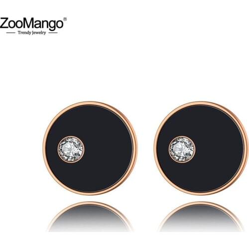 ZooMango Titanium Stainless Steel Black Acrylic Circle Bohemia Party Earrings For Women Rose Gold Crystal Stud Earrings ZE19250