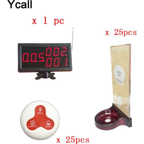25pcs Call Transmitter Button with Menu Holder+one Display Receiver 433MHz 999CH Restaurant Pager Wireless Calling Systems