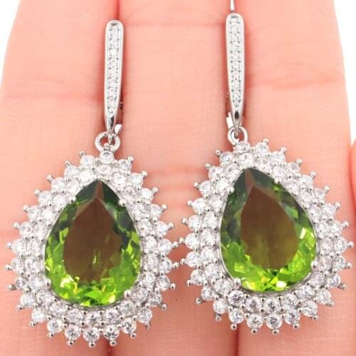 42x22mm Anniversary Created Water Drop Green Peridot Bright Zircon For Women Dating Silver Earrings