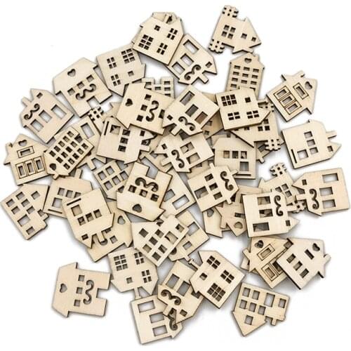 50PCS Wood Craft Shapes House Shaped Wood Embellishment Cutout Veneers for DIY Craft Project Home Ornaments