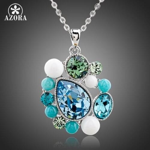 AZORA White Gold Color Blue Tear Drop Stellux Austrian Crystal Jewelry Pendant Necklace TN0104